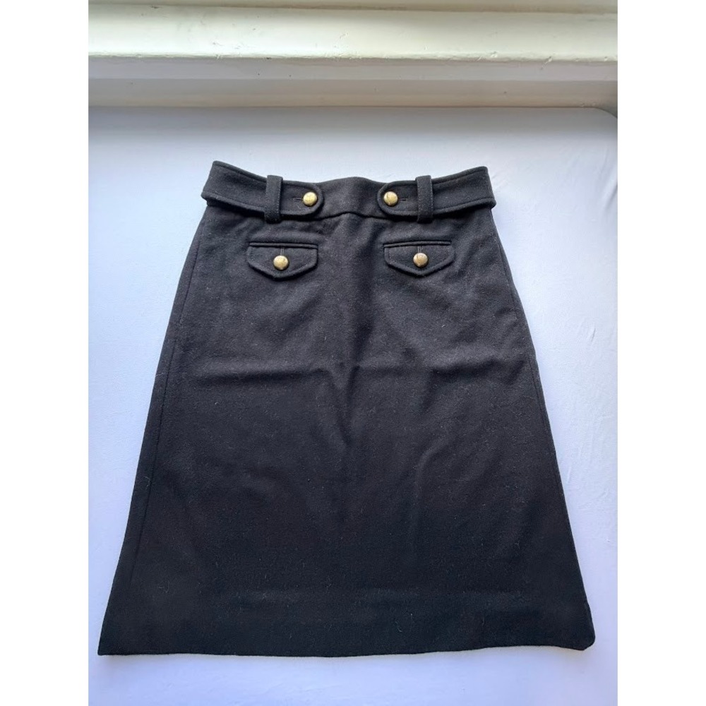 J.Crew Black Wool Cashmere Blend A-Line Skirt Gold Button Preppy Size 2 80150